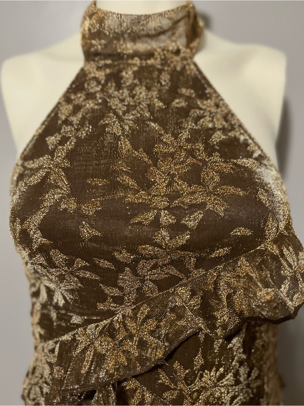 PrettyLittleThing Gold Floral Halter Ruffle Mini Dress - Picture 2 of 7